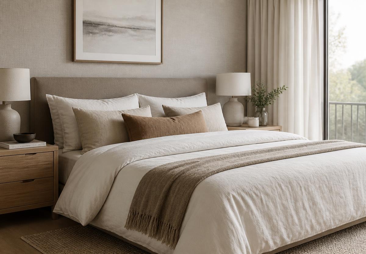 Cama posta com roupa de cama de linho off-white e almofadas decorativas em quarto contemporâneo