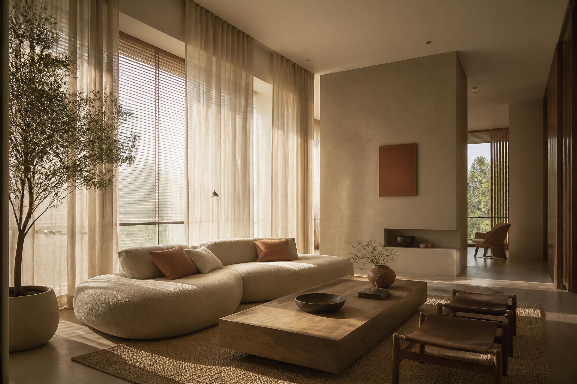 Sala de estar contemporânea com cortinas de linho em luz natural