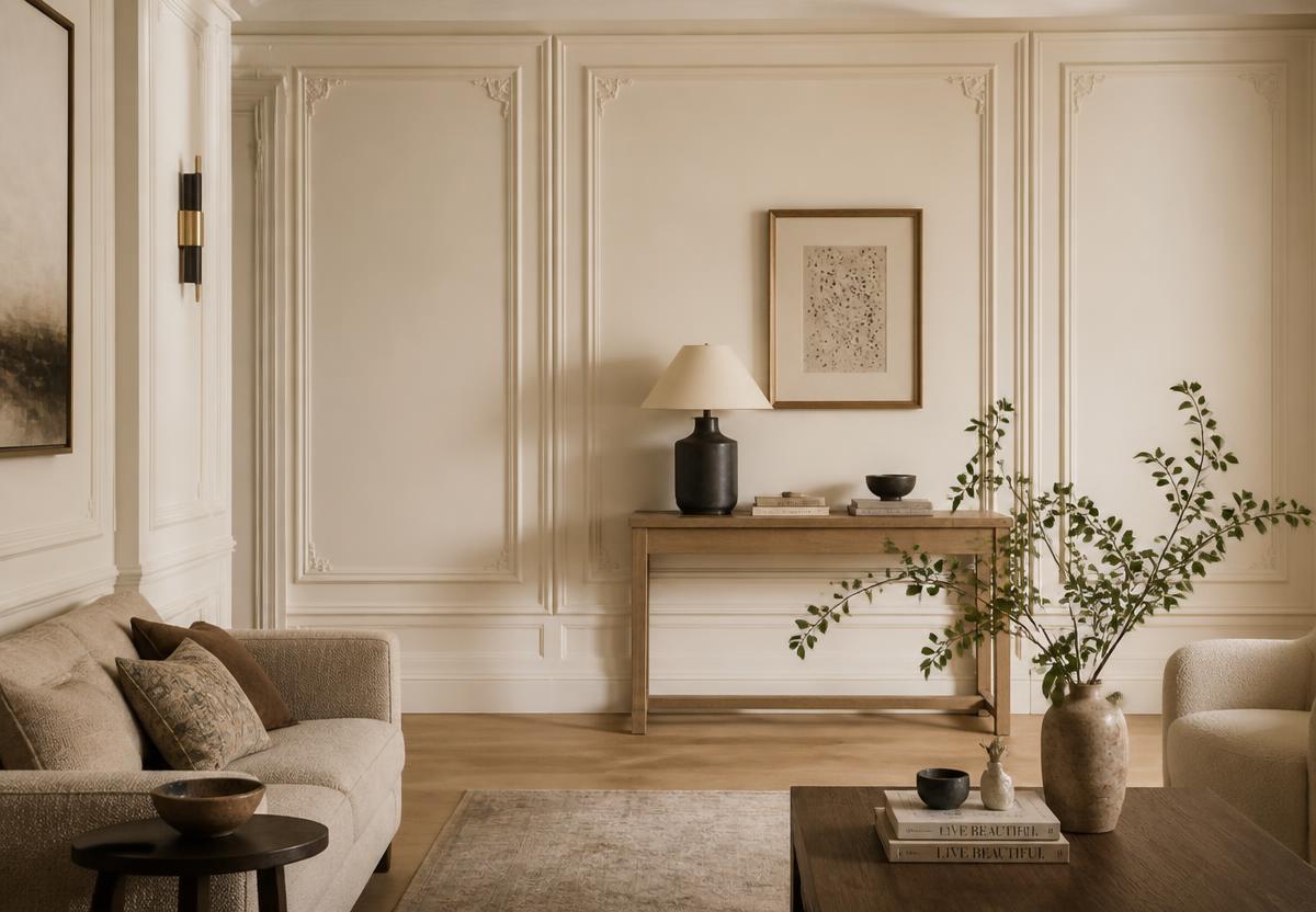 Parede com molduras decorativas em alto-relevo off-white em sala de estar contemporânea
